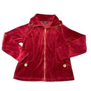 Jones New York Womens Velvet Long Sleeve Gold Zipper Full Zip Jacket Red Medium